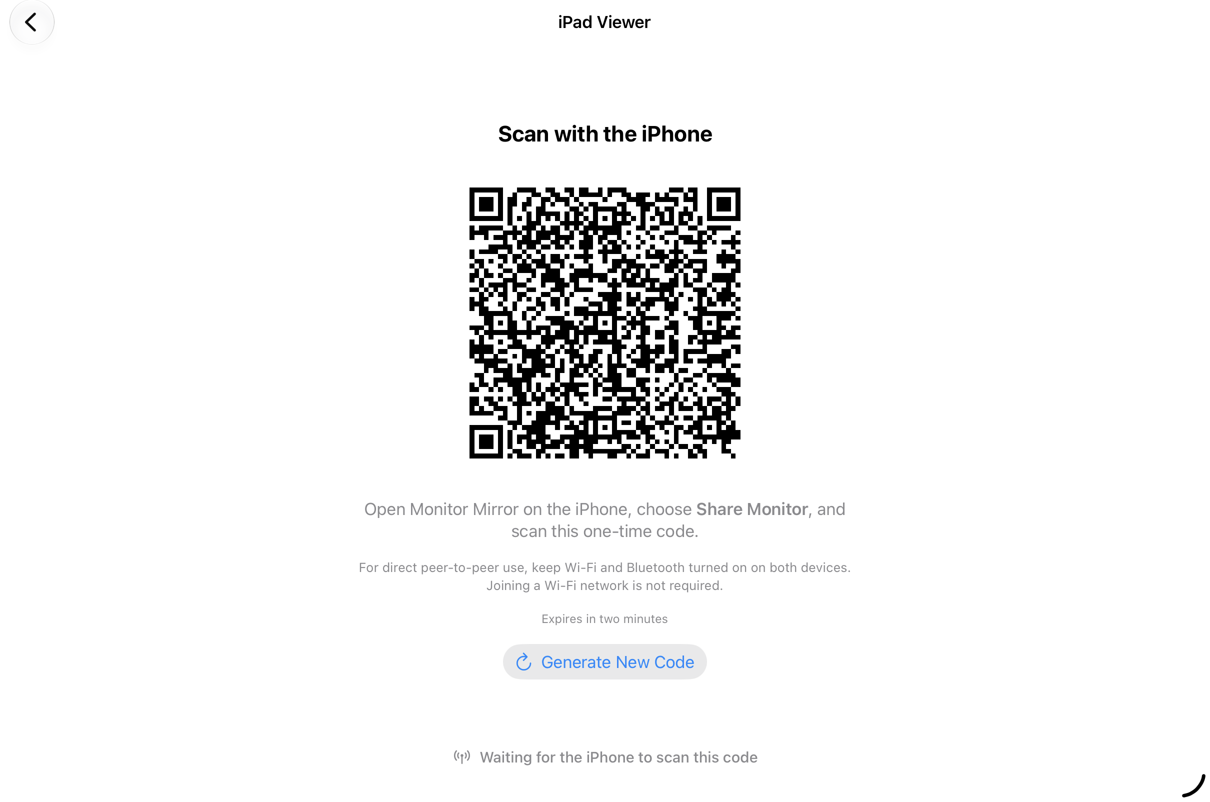 Monitor Mirror iPad Viewer screen displaying a short-lived QR pairing code for the iPhone